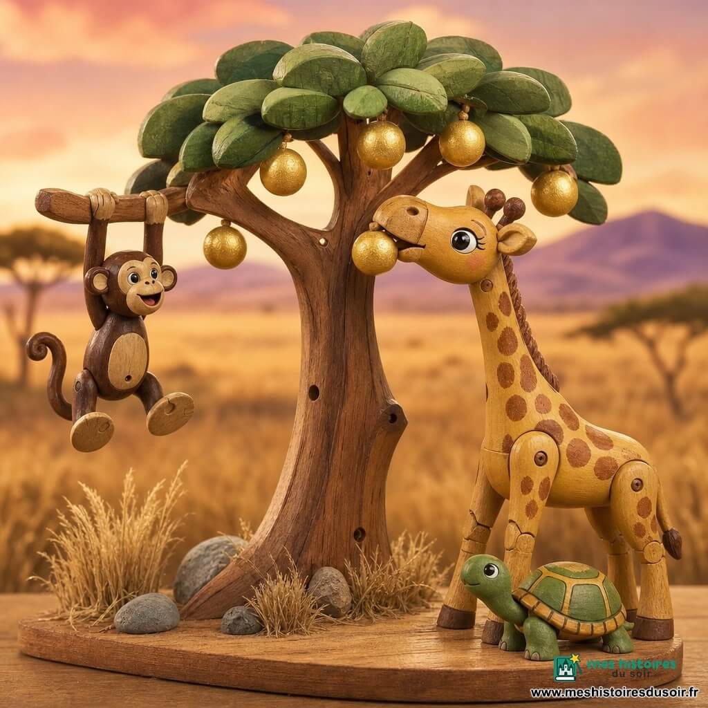 Gisèle, jeune girafe en bois peint au long cou tacheté d’or et sourire doux, étire le cou pour cueillir un fruit doré ; à gauche, Coco le petit singe en bois brun est suspendu, bras tendus, et à droite Timéo la tortue en bois vert à la carapace tachetée repose au pied de l’arbre ; au centre un grand arbre à feuilles vertes porte des fruits dorés scintillants ; décor de savane dorée aux herbes hautes, collines mauves et ciel pastel de coucher de soleil, lumière chaude et atmosphère douce et joyeuse d’amitié.