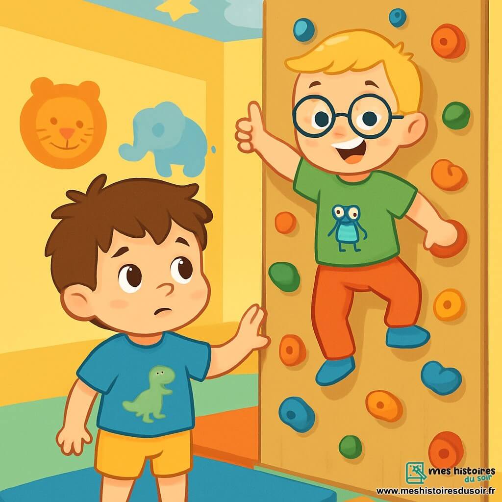 Il y a deux personnages principaux : Lucas, un garçon de 3 ans aux cheveux bruns en bataille, portant un t-shirt bleu avec un dinosaure et un short jaune, qui se tient devant un mur d'escalade, inquiet mais déterminé ; et Max, un garçon de 3 ans aux cheveux blonds et lunettes rondes, en t-shirt vert avec un robot et pantalon rouge, qui grimpe le mur en souriant et encourage Lucas. Le lieu est une crèche colorée avec des murs jaunes et des dessins d'animaux, où se trouve un mur d'escalade en bois avec des prises colorées, entouré de tapis moelleux. La scène montre Lucas, nerveux, observant Max grimper avec assurance, tandis que Max, au sommet, l'encourage à essayer.