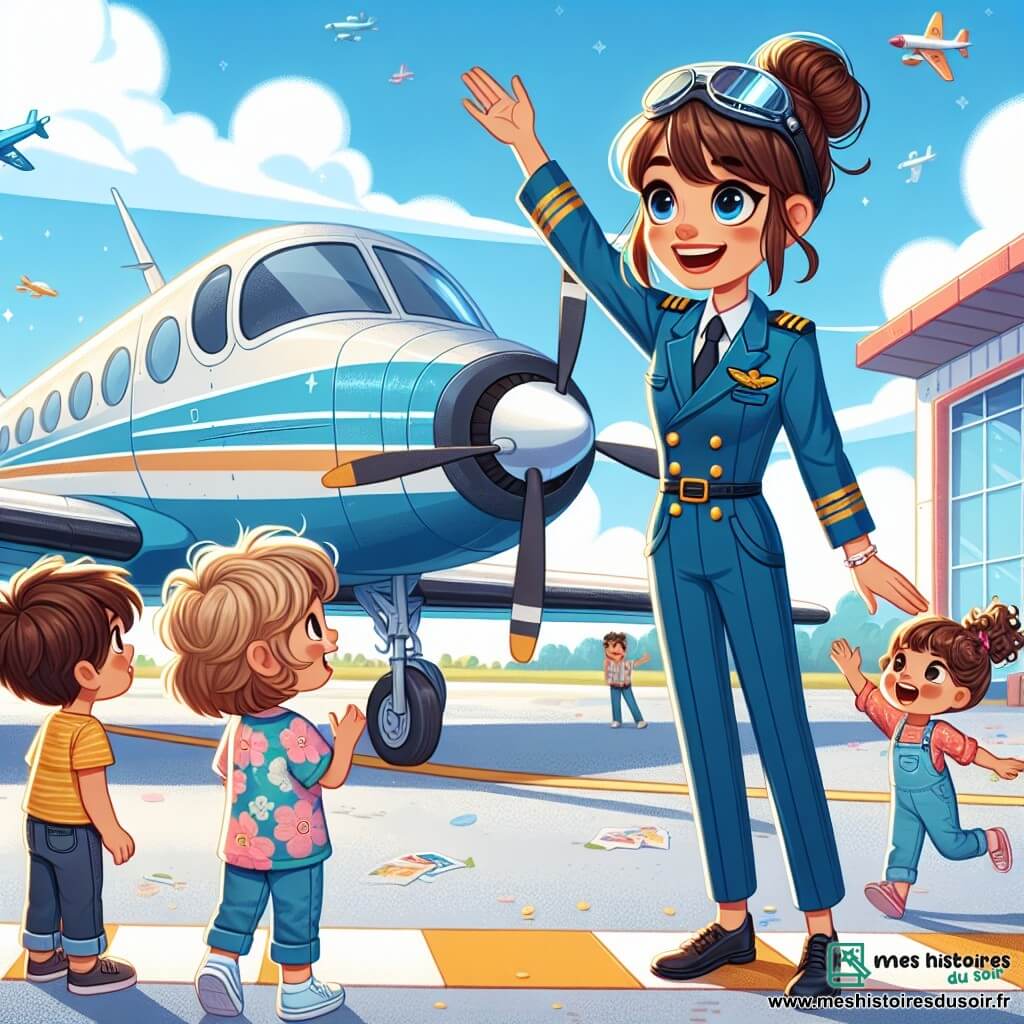 Sophie, une pilote avec des cheveux bruns en chignon et un grand sourire, se tient à côté de son avion, portant une combinaison bleue et un casque, prête à décoller. À ses côtés, Lucas, un petit garçon de 8 ans aux cheveux blonds en bataille, admire l'avion. Un peu plus loin, Emma, une fillette de 7 ans avec des cheveux bouclés, saute de joie en pointant vers le ciel. L'aérodrome est ensoleillé, avec des avions colorés sur le tarmac et des enfants émerveillés autour de Sophie, qui leur explique la magie de voler.