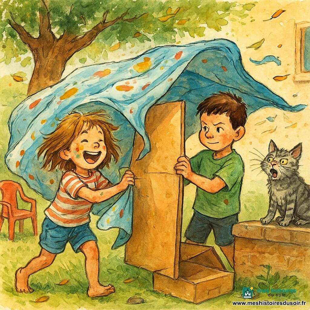 Une fille de 6 ans rieuse, cheveux châtain clair en bataille mi-longs, taches de peinture sur les joues, en t‑shirt rayé et short en jean, tient une couverture qui glisse tandis qu’elle rit aux éclats ; son jumeau de 6 ans, cheveux bruns courts, en t‑shirt vert un peu sale, tire d’un côté de la couverture en tenant un grand carton plié comme une porte, concentré et amusé ; le vieux chat gris rayé nommé Moustache, poils hérissés, est perché sur un muret et miaule en ouvrant un œil ; la scène se déroule dans la cour d’un immeuble sous un marronnier, autour d’herbe, cartons et chaises en plastique, des feuilles tourbillonnent : une cabane improvisée de couvertures et cartons est secouée par un coup de vent et la couverture commence à tomber sur les enfants qui se retrouvent pris dedans en riant, créant une composition dynamique de mouvement.