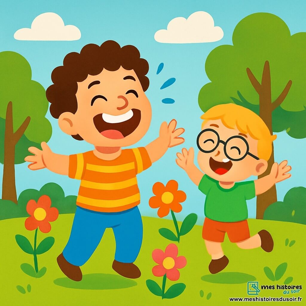Loulou, un homme joyeux aux cheveux bouclés et grand sourire, rit aux éclats en faisant sauter des objets autour de lui. Il porte un t-shirt rayé et un pantalon bleu vif, ses yeux pétillant de bonheur. À ses côtés, Timmy, un garçon de 6 ans aux cheveux blonds et lunettes rondes, saute de joie en riant, les bras levés, vêtu d'un t-shirt vert et d'un short rouge. La scène se déroule dans un jardin coloré avec des fleurs éclatantes, des arbres verts et un ciel bleu clair. Loulou rit si fort que les fleurs dansent autour de lui, créant une ambiance joyeuse, tandis que Timmy applaudit et encourage son ami.