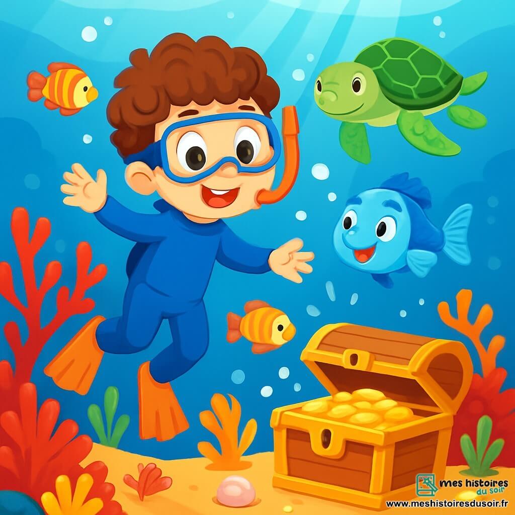Un garçon de 6 ans, aux cheveux bruns et bouclés, porte une combinaison de plongée bleue. Il nage joyeusement sous l'eau, entouré de poissons colorés. À ses côtés, un petit poisson bleu nommé Pipo flotte en souriant, tandis qu'une tortue verte, Tira, nage lentement en l'observant. Le décor est un jardin de corail vibrant, rempli de coraux aux teintes vives, illuminés par des rayons de soleil. La scène montre le garçon découvrant un coffre au trésor scintillant, entouré de bulles d'air et de coquillages brillants, prêt à l'ouvrir avec excitation.