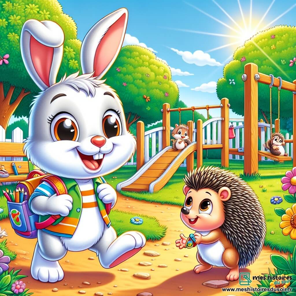 Dans une cour de récréation ensoleillée, un petit lapin nommé Léo, aux grandes oreilles et au pelage blanc, saute joyeusement avec un sourire. Il porte un sac à dos coloré rempli de crayons et de collations et tend la patte vers son nouvel ami, Nino le hérisson, qui affiche une expression d'excitation et de timidité, tenant une petite flûte. La cour est entourée d'arbres et de fleurs, avec des jeux en bois en arrière-plan, tandis que d'autres animaux s’amusent à proximité. Léo et Nino rient et jouent ensemble, illustrant la joie de leur amitié naissante dans un environnement chaleureux.