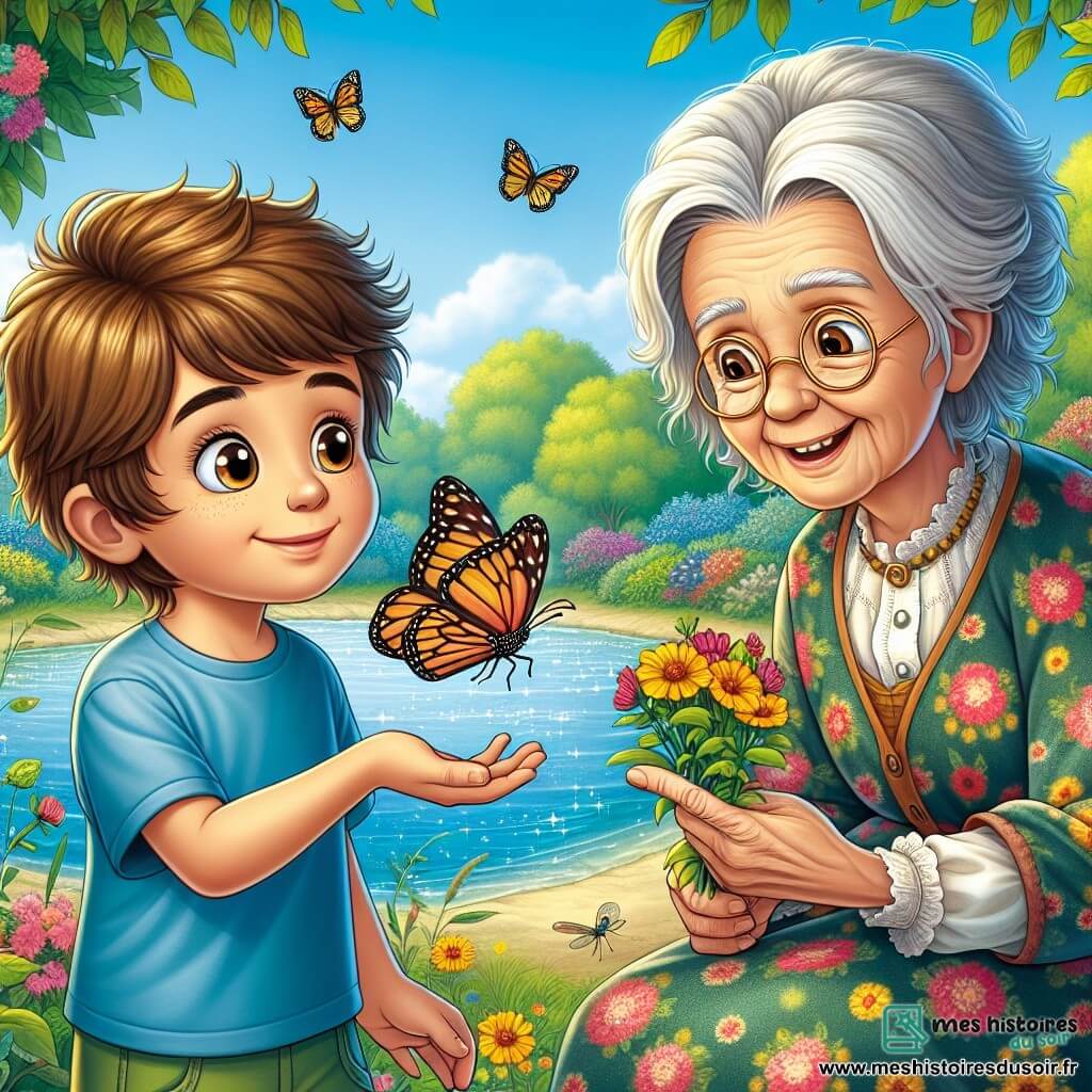 Lucas, un garçon de 10 ans aux cheveux châtains et au sourire espiègle, se tient au bord d'un étang dans un jardin luxuriant. Il porte un t-shirt bleu et un short vert, émerveillé par un papillon coloré. À ses côtés, l’Ancienne Sage, âgée d'environ 70 ans avec des cheveux argentés et des lunettes rondes, lui montre un bouquet de fleurs jaunes, vêtue d'une robe longue en tissu floral. L'étang scintille au soleil, entouré de fleurs colorées et de libellules, tandis qu'elle lui explique l'importance des fleurs magiques, symbolisant l'espoir et la guérison.