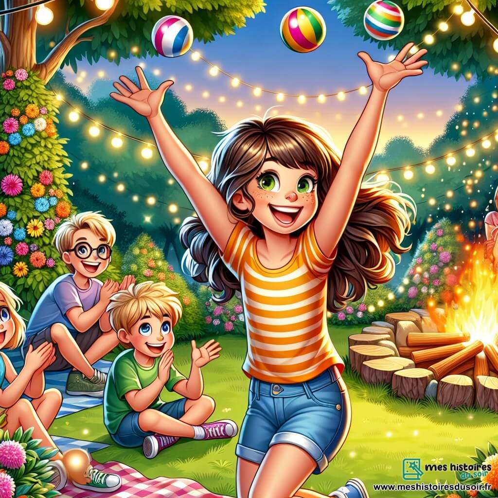 Célia, une fille de 8 ans aux longs cheveux bruns et aux yeux pétillants, jongle avec trois balles colorées sur une scène en bois, souriant largement. Elle porte un t-shirt jaune et un short en jean, les bras levés avec enthousiasme. À ses côtés, Lucas, un garçon aux cheveux blonds, applaudit en souriant, vêtu d'un t-shirt bleu et d'un short vert. Emma, une petite fille avec des lunettes rondes et des cheveux châtains en couettes, tient une pancarte "Bravo Célia !" et sourit fièrement. Le parc verdoyant est rempli de fleurs et d'arbres, avec des enfants assis autour d'un feu de camp, créant une ambiance festive. Des guirlandes de lumières scintillent au-dessus, ajoutant une touche magique. Célia réalise son numéro de jonglage devant un public d'enfants captivés, tandis que le soleil se couche, teintant le ciel de couleurs chaudes.