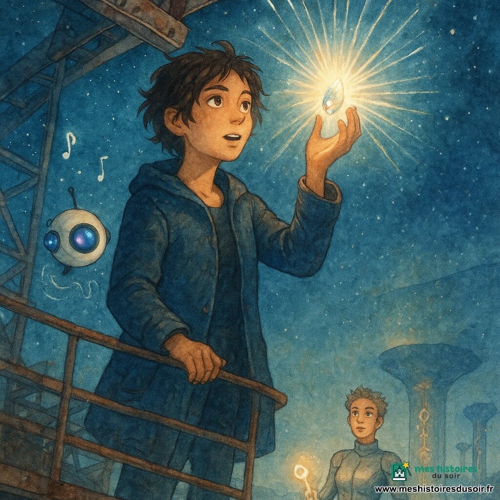 Lyra, femme déterminée au teint légèrement hâlé et traits fins, porte un manteau bleu nuit usé et tient la paume levée avec un petit morceau de verre irisé diffusant une lumière chaude ; elle se tient sur une passerelle métallique de l'antenne orbitale, posture dynamique, regard vers le faisceau d'énergie formé de milliers de filaments lumineux blancs et or se déployant dans le noir spatial. À son épaule flotte Pixo, petit drone rond aux LED colorées émettant des ondes sonores visibles et des bulles musicales. En contrebas, Mira Solé, ingénieure d'environ 32 ans en combinaison argentée, cheveux courts poussiéreux, regarde l'antenne depuis une plate-forme du parc énergétique en tenant une clé énergétique brillante, visage soulagé et concentré. Le décor montre une antenne orbitale rouillée avec poutres métalliques et panneaux solaires cassés, poussière d'étoiles scintillante ; en arrière-plan, le Parc Énergétique d'Aurélion avec turbines géantes et colonnes lumineuses décorées de runes. L'ambiance est un mélange magique et technologique, aquarelle fluide aux contrastes de bleu profond, or et blanc, focalisée sur l'espoir et la coopération.