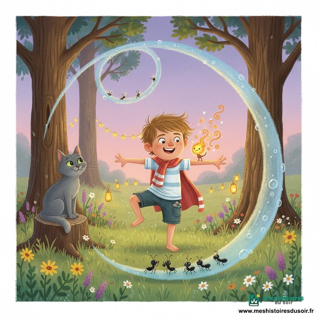 Mathis, garçon de 6 ans joyeux et fier, cheveux châtain clair en bataille, tâches de rousseur et yeux rieurs, porte une serviette à rayures rouges en cape et une poche pleine de cailloux; il danse sur un pied en faisant une grimace drôle, bras tendus, regardant un large arc de brume bleu-rosé tendu entre deux vieux chênes; un feu follet minuscule et chaleureux clignote orange et or sur son épaule droite en laissant tomber de petites étincelles, et un chat gris aux yeux verts malicieux, assis sur une souche à gauche, observe la scène, queue enroulée; au premier plan, une rangée de fourmis minuscules (une "reine" avec une petite couronne) fait des pompes sur l'arc; le pré herbeux est parsemé de fleurs sauvages et de lucioles formant une guirlande lumineuse, le ciel crépusculaire lavande avec touches de rose et d'indigo, lumière douce venant du feu follet; composition centrée sur Mathis et l'arc, style gouache avec traits visibles, couleurs opaques et textures de pinceau, ambiance humoristique et féerique, expression exagérée et lisible pour les enfants.