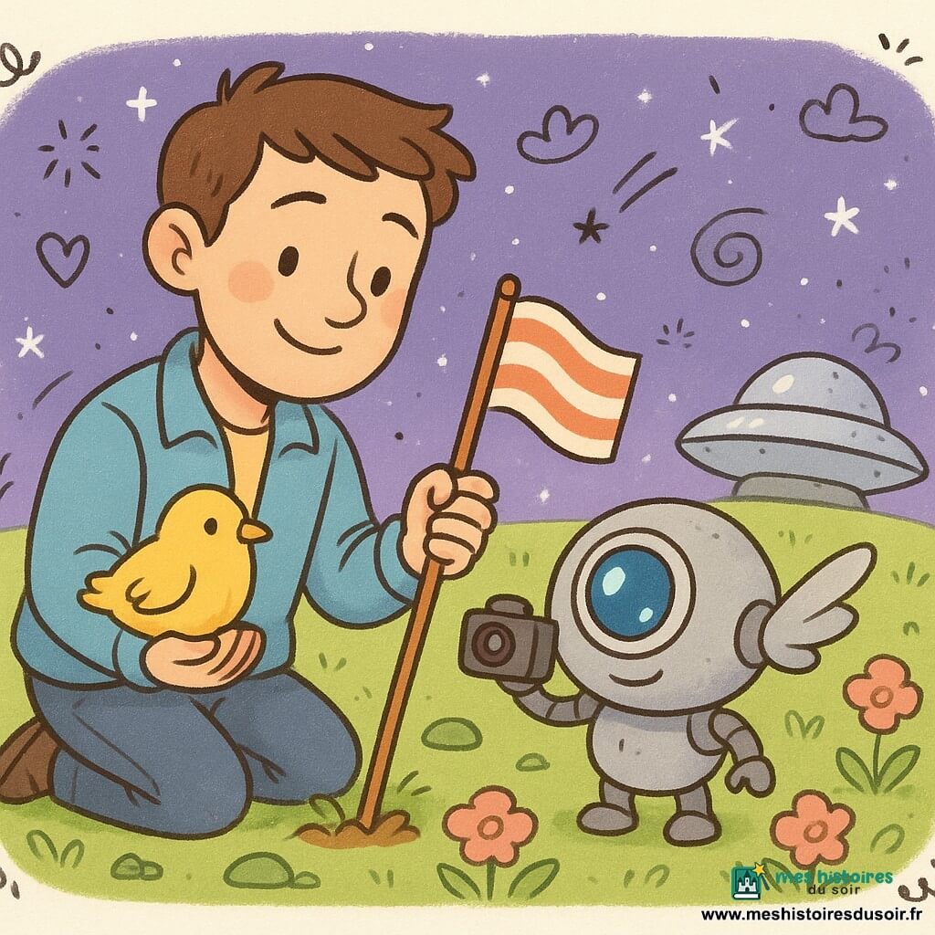 Tom, un jeune homme d'environ 20 ans au sourire serein et aux cheveux courts bruns, en veste bleu ciel plante doucement un petit drapeau rayé dans un sol vert tendre tandis qu'à ses côtés un robot compagnon rond et métallique au grand œil bleu et petites ailes argentées prend une photo, un oiseau potelé au plumage jaune miel se pose sur sa main droite, le sol herbeux est parsemé de fleurs rondes roses et de cailloux verts lisses, au loin un vaisseau rond argenté brille sous un ciel violet étoilé — scène de paix et d'amitié, ambiance calme et couleurs vives.