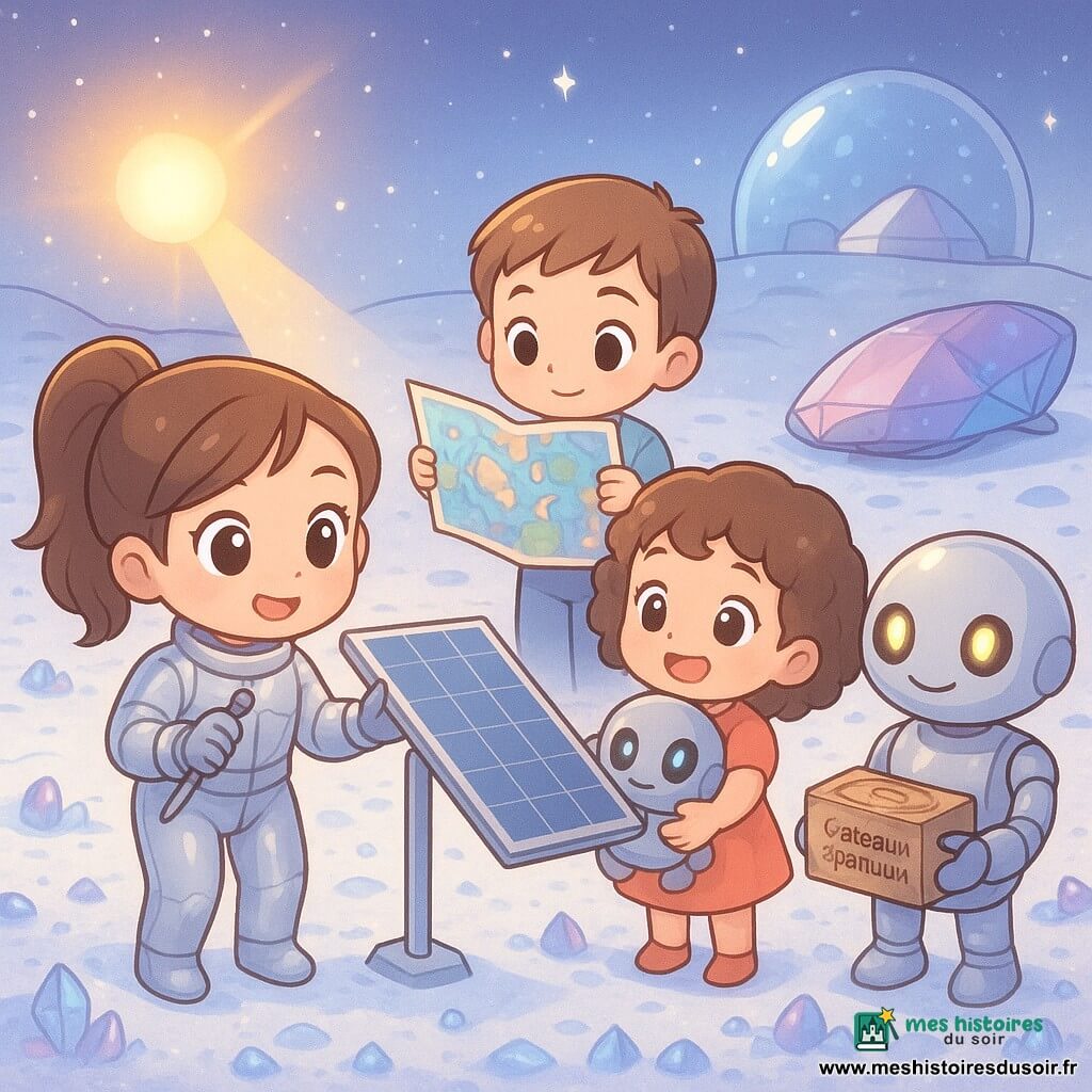 Eva, souriante et fière, cheveux attachés, en combinaison spatiale argentée tient un carnet et un tournevis et ajuste un panneau solaire tandis qu’un rayon active les cristaux bleus et violets de la lune d’Argia; Lila (8 ans) serre un petit robot rond, Tom (10 ans) montre une grande carte lunaire, et le robot Milo, au design sympathique, tient une boîte de gâteaux spatiaux; au loin un centre d’exploration en bulle et le vaisseau L’Aube brillent, style chibi kawaii, couleurs pastel, atmosphère magique et sécurisante.