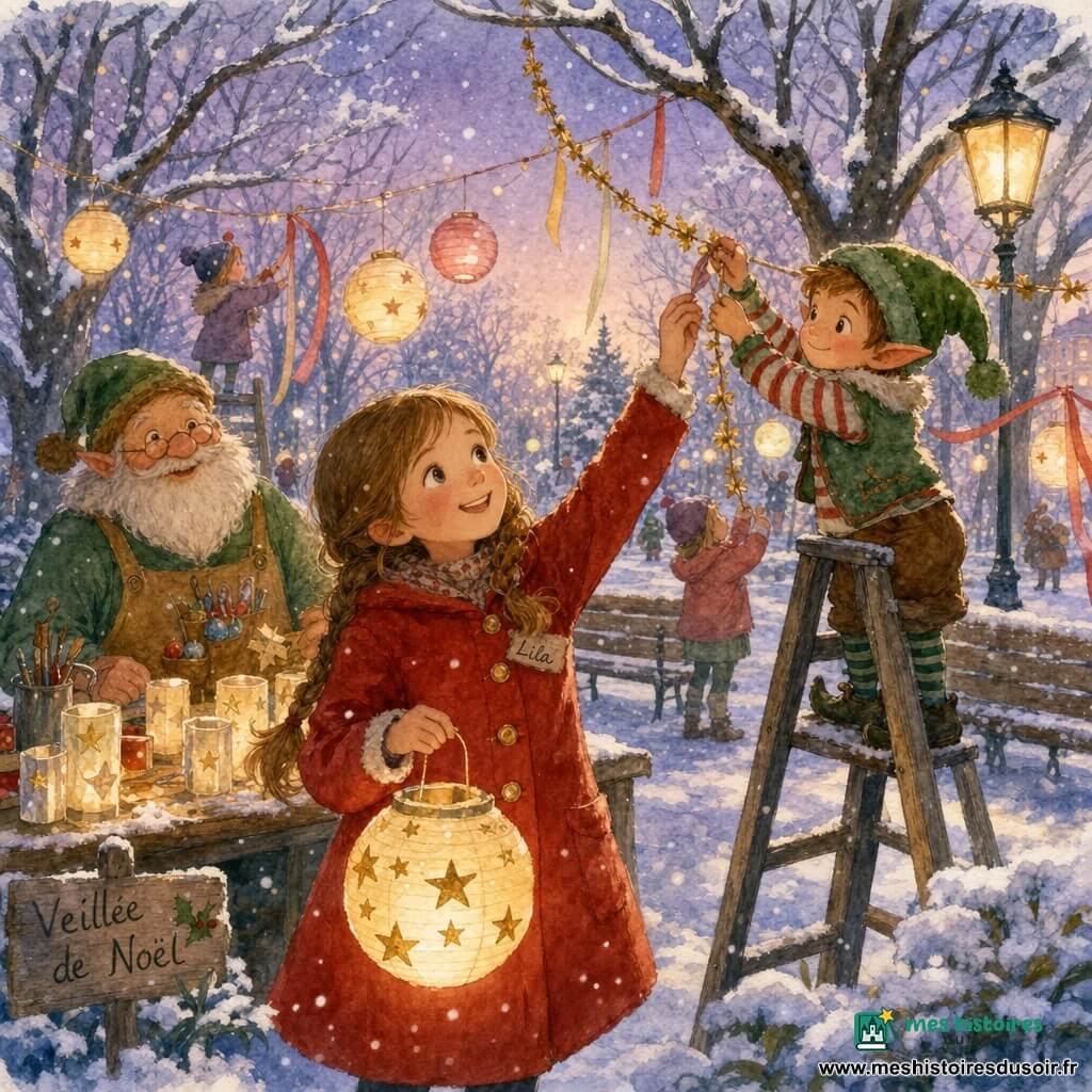 Lila, 8 ans, souriante et concentrée, cheveux châtain clair en tresse, manteau rouge à boutons dorés, tient une lanterne en papier peinte d'étoiles et tend la main pour accrocher la corde; un lutin farceur (petit garçon d'environ 30 cm) au bonnet vert à pompon et veste rayée grimpe une échelle pour poser la dernière guirlande dorée au-dessus d'elle; le chef des lutins, homme barbu et rond d'environ 60 ans, porte un tablier rempli d'ornements et sourit en arrière-plan près d'une table avec bougies en papier et pinceaux; décor: parc enneigé au crépuscule, arbres et bancs couverts de neige, guirlandes entre les troncs, ciel violet pâle et flocons tombant; scène: veillée de Noël où enfants et lutins accrochent lanternes et rubans, une rivière de lumières chauffe l'air, ambiance chaleureuse et festive, composition centrée sur Lila et le lutin sur l'échelle, couleurs douces aquarelle et éclairage tamisé aux reflets dorés.