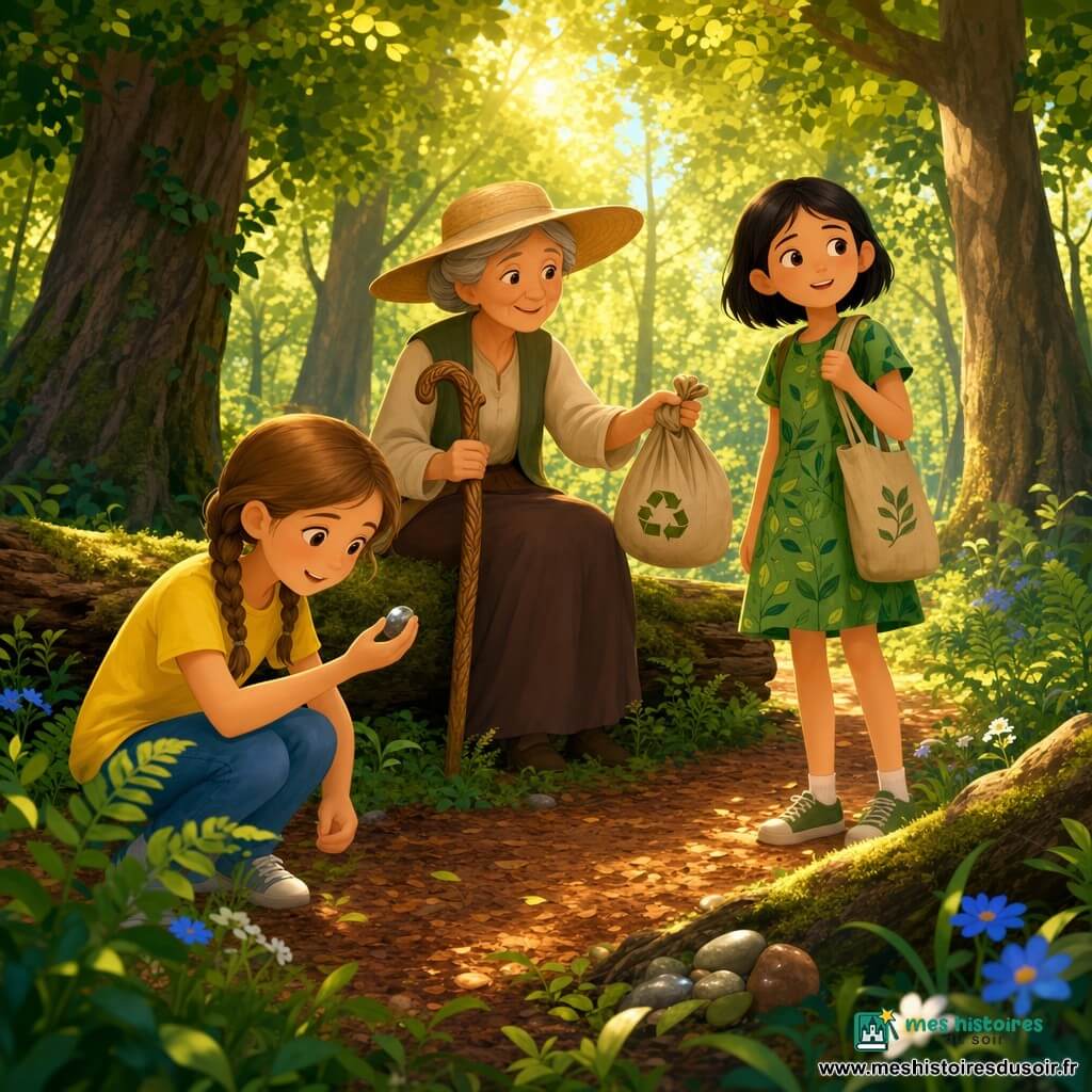 Trois personnages dans une clairière boisée baignée de lumière dorée : Léna, 9 ans, cheveux châtain clair en deux nattes, tee‑shirt jaune et jean, accroupie à gauche tenant délicatement un petit caillou lisse et brillant ; Emma, 9 ans, cheveux noirs courts, robe verte à motifs feuilles, debout à droite avec un sac en toile recyclée, hésitant à prendre le caillou ; Marguerite, 70 ans, cheveux gris en chignon, grand chapeau de paille et canne en bois sculpté, assise sur un tronc moussu derrière elles, tendant un sac pour les déchets. Autour, arbres aux troncs texturés, tapis de fougères, petites fleurs bleues et blanches, sentier de terre roussâtre et quelques cailloux polis près des racines. Les filles ramassent des déchets et regardent le caillou qu’elles hésitent à emporter, tandis que Marguerite les guide : scène calme et inspirante d’entraide et de respect de la nature, couleurs chaudes et lumière filtrée.
