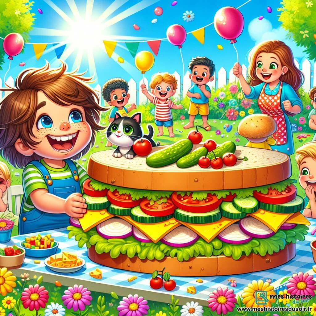 Léo, un garçon de 6 ans aux cheveux bruns en désordre et aux fossettes malicieuses, est assis devant un immense sandwich géant. Ses yeux pétillent d'excitation et il sourit largement, prêt à relever le défi. À ses côtés, sa maman, une femme souriante d'environ 30 ans avec des cheveux châtains et un tablier coloré, rit en tenant une assiette de cornichons. Un petit chat noir, Minou, aux yeux verts brillants, observe le sandwich avec curiosité. La scène se déroule dans un jardin ensoleillé, entouré de fleurs colorées et d'enfants autour d'une grande table en bois. L'ambiance est joyeuse et festive, avec des ballons et des rires. Léo, déterminé, s'apprête à croquer dans le sandwich, tandis que ses amis se préparent à l'aider dans ce défi.