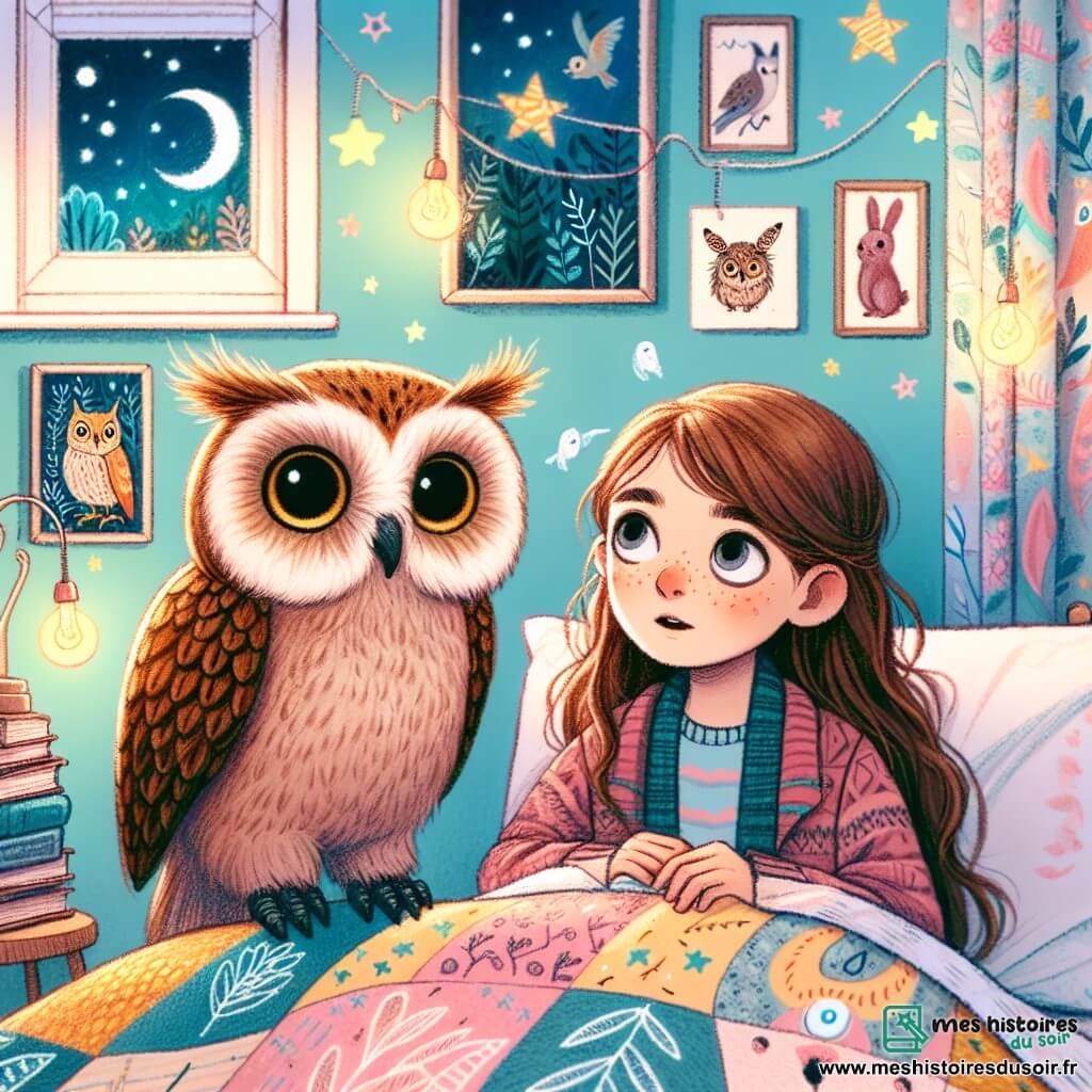 Lucie, une fille de 12 ans aux longs cheveux bruns et aux yeux curieux, est allongée dans son lit entourée de couvertures colorées. Son visage montre une légère appréhension mêlée d'émerveillement alors qu'elle observe un hibou en peluche, Houpi, qui prend vie à ses côtés. Houpi, avec ses plumes douces et ses grands yeux brillants, est perché sur le bord du lit, prêt à emmener Lucie dans une aventure nocturne. La chambre est chaleureuse, avec des murs bleu pastel, des étoiles fluorescentes au plafond et une guirlande lumineuse. Des livres sont éparpillés et des dessins décorent les murs, créant une atmosphère magique. Lucie, bien que légèrement anxieuse, s'apprête à découvrir les merveilles de la nuit grâce à Houpi.
