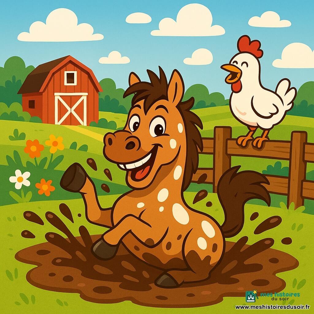 Un cheval espiègle nommé Rigolo, avec une fourrure brun clair et des taches blanches, se roule dans une mare de boue, éclaboussant tout autour de lui avec un sourire malicieux. À ses côtés, la poule Bécassine, avec des plumes blanches et un petit chapeau rouge, le regarde en riant, perchée sur une barrière en bois. En arrière-plan, une ferme pittoresque avec une grange rouge et des champs verdoyants s'étend sous un ciel bleu clair. La scène montre Rigolo en train de faire une blague en se roulant dans la boue, tandis que ses amis animaux rient de ses pitreries, créant une atmosphère joyeuse.