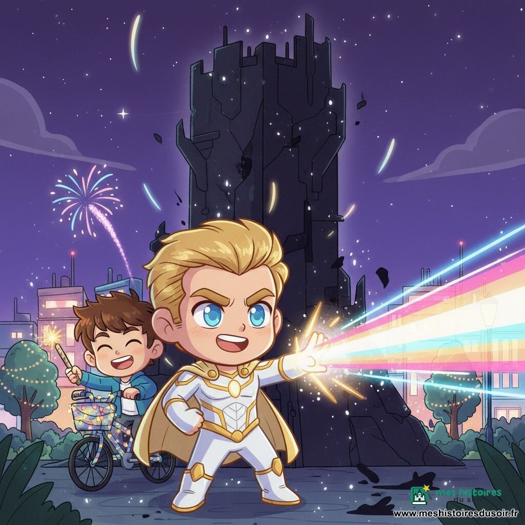 Lucas, héros appelé Lumino, visage déterminé et souriant, cheveux courts dorés brillants, yeux bleus, costume de super-héros blanc et jaune à motifs de rayons, cape courte translucide, bottes épaisses, projetant un faisceau multicolore de la main vers la droite ; à ses côtés Max, ~10 ans, cheveux bruns en bataille, large sourire, près d’un vélo transformé décoré de guirlandes lumineuses en train d’allumer un petit feu d’artifice qui monte dans le ciel, légèrement derrière et à gauche de Lucas ; en arrière-plan la Tour des Ombres, grande tour noire aux contours irréguliers semblant absorber la lumière avec fissures et texture granuleuse ; autour, la ville de Luminopolis de nuit avec bâtiments colorés aux néons pastel, arbres du parc ornés de guirlandes, ciel violet étoilé ; confrontation illustrée par rayons lumineux vifs, arcs de couleur, particules scintillantes et ombres se dissipant à la base de la tour, style chibi kawaii, couleurs saturées, contrastes nets, formes rondes et expressions exagérées, atmosphère joyeuse et héroïque.