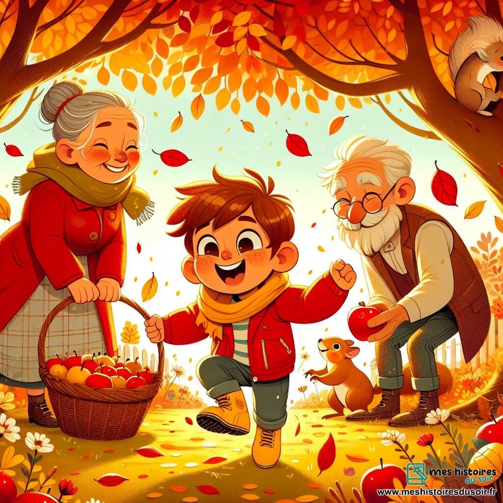Un garçon de 6 ans, Timéo, avec des cheveux bruns en bataille et un sourire éclatant, porte un manteau rouge vif et des bottes jaunes. Il saute de joie dans un jardin d'automne, entouré de feuilles dorées et rouges. Sa grand-mère, avec des cheveux gris en chignon et des lunettes rondes, sourit en tenant un panier rempli de pommes. Son grand-père, avec une barbe blanche et un chapeau de paille, se penche pour ramasser une pomme brillante, riant de bonheur. Le jardin, magique, est rempli d'arbres aux feuilles flamboyantes et d'une douce lumière dorée du soleil couchant. Au fond, un écureuil grimpe sur un arbre, ajoutant de la vie à cette scène paisible. Timéo, émerveillé, cueille des pommes avec ses grands-parents, profitant des merveilles de l'automne.
