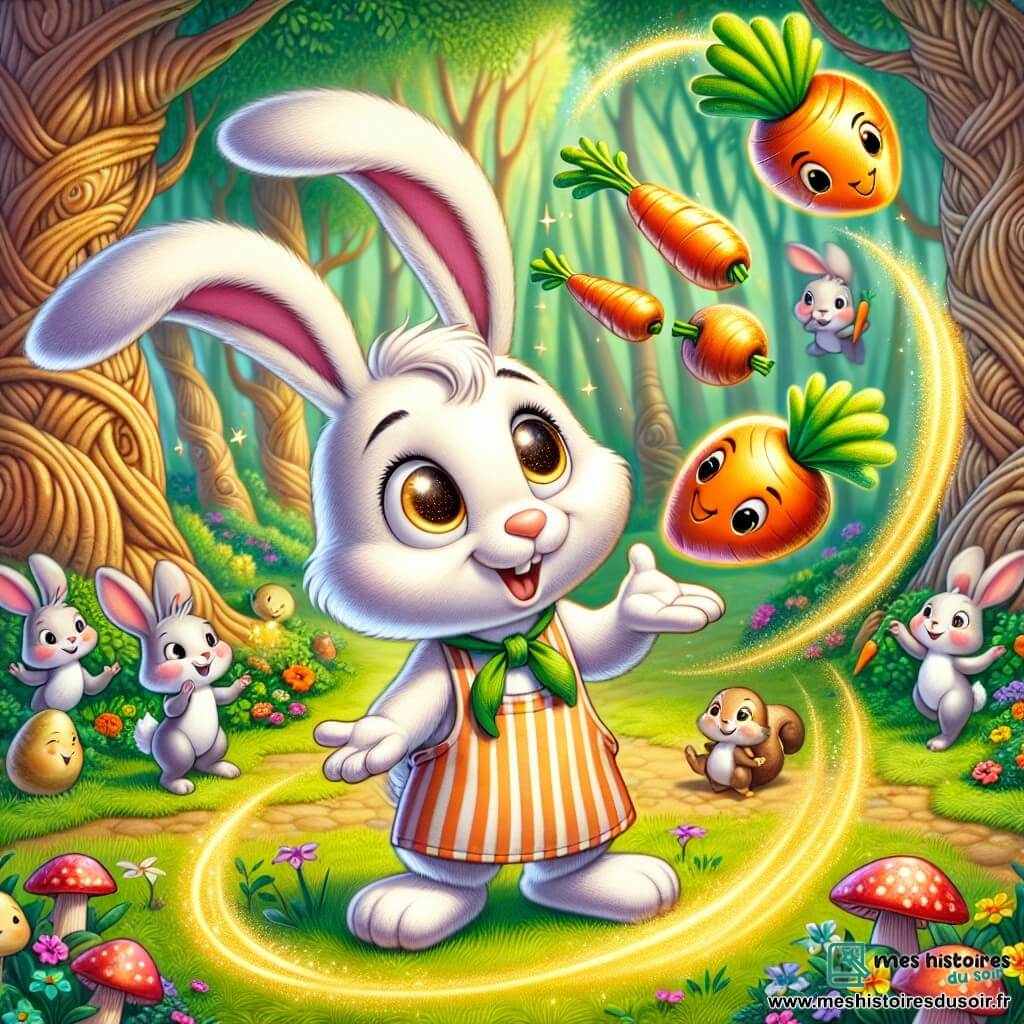 Un lapin espiègle nommé Boubou, au pelage blanc éclatant et aux grandes oreilles, se tient au centre d'une clairière, les yeux pétillants d'excitation. Il porte un tablier de chef et une toque, jonglant avec des légumes colorés dans une ambiance joyeuse. À sa droite, une Carotte Magique flottante, avec des yeux malicieux, brille d'une lumière dorée et semble amusée par le chaos. Le décor est une clairière enchantée entourée d'arbres noueux et de fleurs chantantes. Boubou jongle avec des carottes et des pommes de terre, tandis que des lapins et des écureuils rassemblés autour de lui rient et applaudissent, transformant un désastre culinaire en une fête inoubliable.