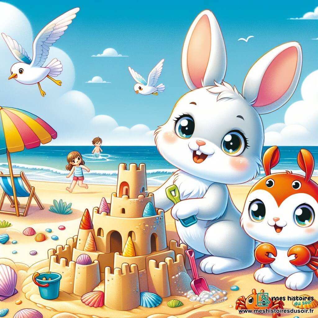 Léo le lapin, un petit lapin aux grandes oreilles et à la fourrure douce et blanche, est sur le sable doré de la plage, les yeux brillants d'excitation et un grand sourire sur son visage. Il tient une pelle en plastique colorée et admire son château de sable décoré de coquillages. À côté, Sacha le crabe, avec sa carapace rouge vif, creuse un fossé autour du château. Clara la mouette, avec son plumage blanc, vole au-dessus d'eux en poussant des cris joyeux. La plage est magnifique, avec des vagues douces, un ciel bleu et des parasols colorés. Léo et ses amis s'amusent à construire un grand château de sable, profitant de leur journée ensoleillée.