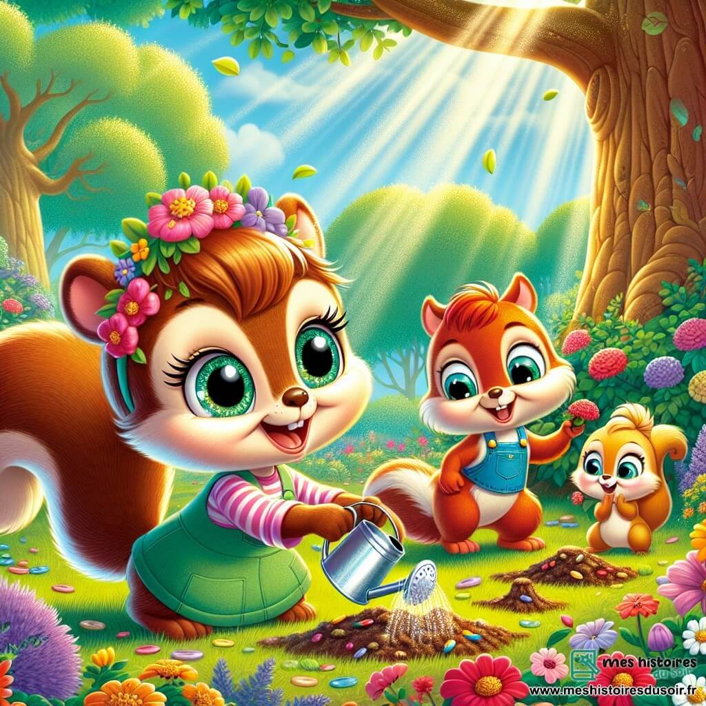 Émilie, un petit écureuil aux yeux pétillants et à la fourrure brune, est joyeuse en plantant des graines colorées avec ses pattes. À ses côtés, Lucas, un écureuil rusé au pelage roux, rit en tenant une pelle, tandis que Sophie, un écureuil doux avec un pelage doré, arrose les graines avec un arrosoir en métal. La scène se déroule dans une forêt en floraison, entourée de grands chênes, de fleurs colorées et de buissons verdoyants, sous un ciel bleu. Émilie et ses amis travaillent ensemble dans leur jardin communautaire, partageant des rires et célébrant le printemps et la beauté de la nature.