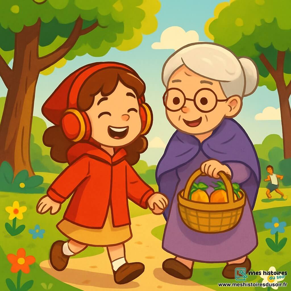 Le Petit Chaperon rouge, une fille d'environ 8 ans, porte une veste rouge et un casque audio, avec des cheveux châtains bouclés. Elle sourit en marchant joyeusement dans un parc. À ses côtés, sa grand-mère, une femme âgée au châle violet, a des cheveux gris et des lunettes rondes, tenant un panier de fruits colorés. Le parc est lumineux, avec des arbres majestueux, des fleurs multicolores et un sentier bordé de pelouses. Au loin, des enfants jouent au ballon. La scène montre le Petit Chaperon rouge marchant vers la maison de sa grand-mère, partageant rires et histoires, illustrant leur complicité et la joie d'une belle journée.