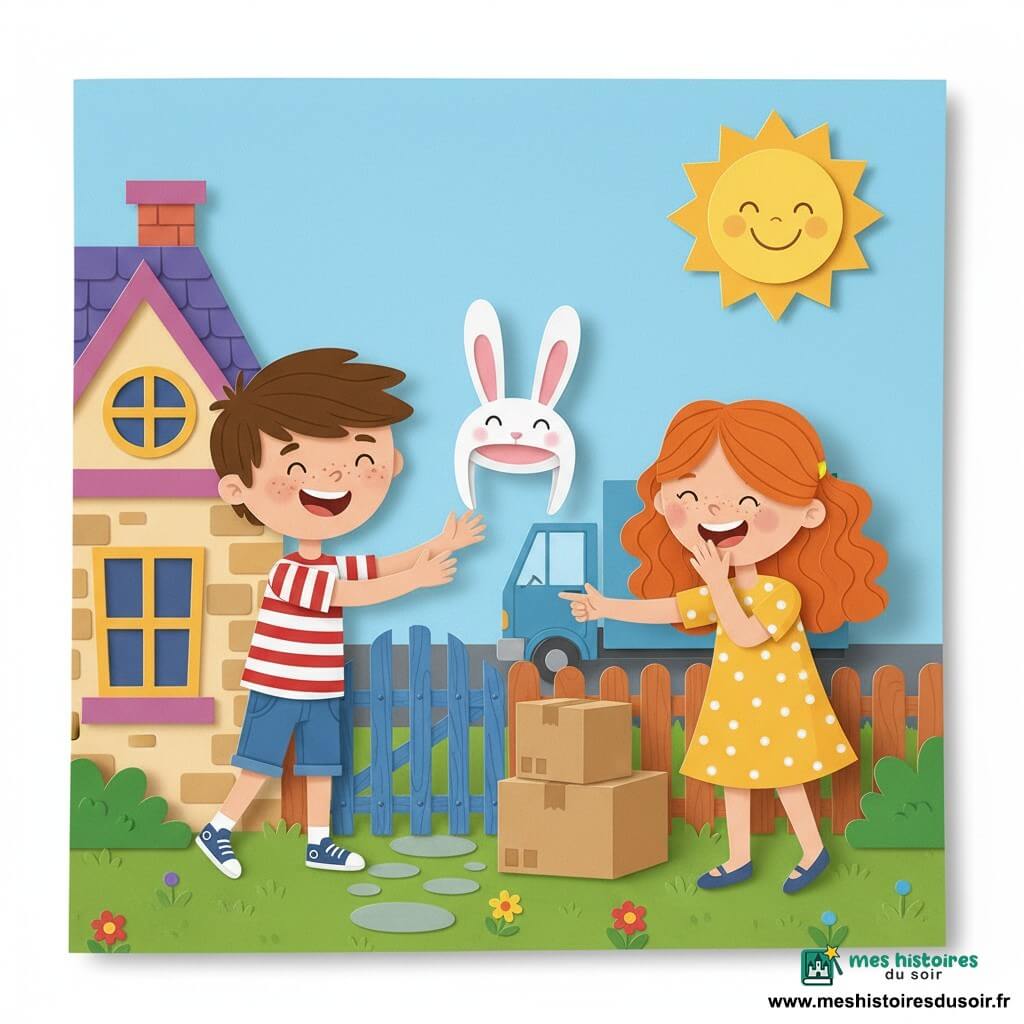 Léo, garçon de 8 ans aux cheveux bruns courts et taches de rousseur, offre en riant son chapeau à grandes oreilles de lapin ; à ses côtés Zoé, fille de 8 ans aux longs cheveux roux bouclés et taches de rousseur, en robe jaune à pois blancs rit en se penchant, tandis qu'ils se tiennent sur le pas d'une petite maison en pierre colorée au portail bleu, cartons et camion de déménagement à l'arrière, pelouse fleurie et grand soleil souriant.