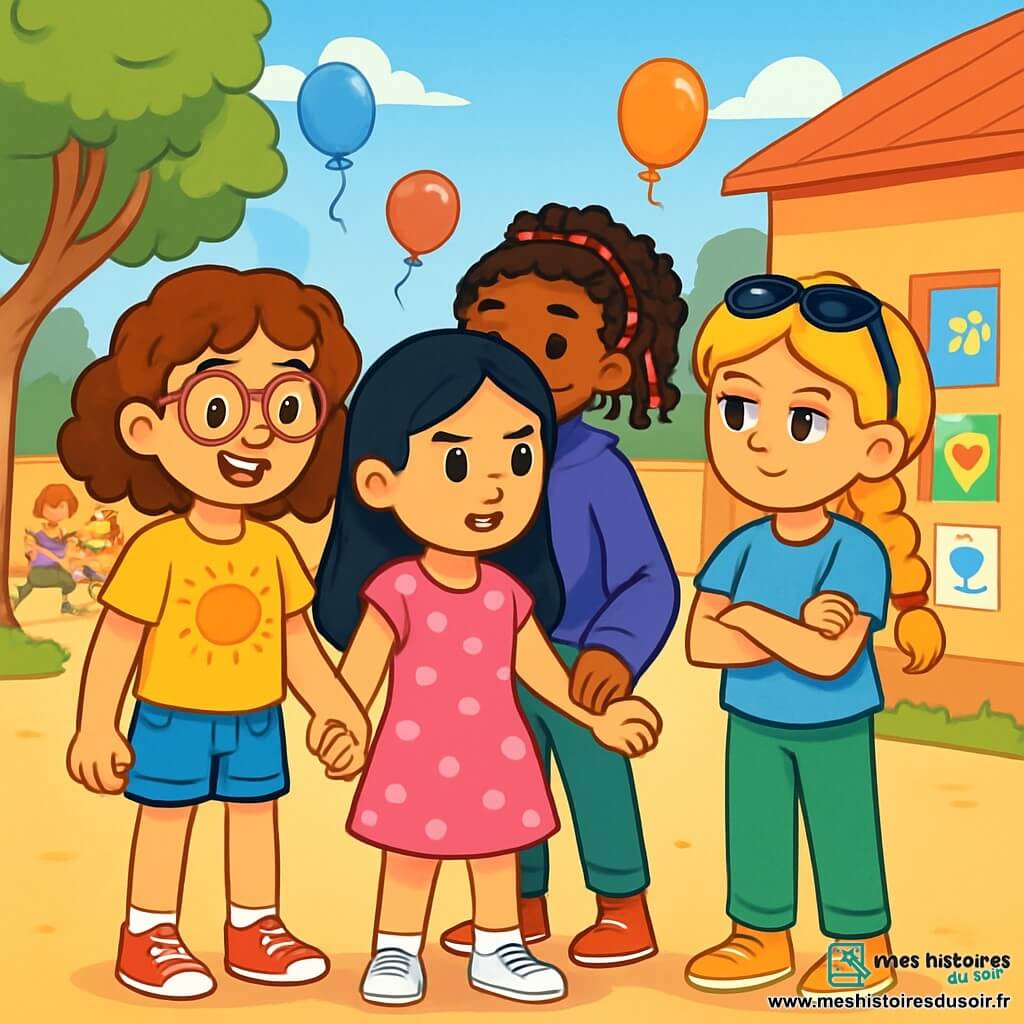 Quatre enfants sont présents : Zoé, 9 ans, cheveux châtains bouclés et lunettes rondes, souriante, tient la main de Chloé ; Chloé, 9 ans, cheveux noirs longs, porte une robe rose à pois, avec un regard déterminé ; Inès, 9 ans, cheveux blonds en tresse, lunettes de soleil sur la tête, bras croisés, affiche une expression de soutien ; Maïssa, 9 ans, cheveux frisés avec des tresses colorées, souriante, se trouve derrière. L'image se déroule dans une cour d'école ensoleillée, avec des arbres verts, des ballons colorés et des affiches de gentillesse. Les quatre amies forment un cercle de soutien autour de Chloé, prêtes à affronter les moqueries et à promouvoir la gentillesse.