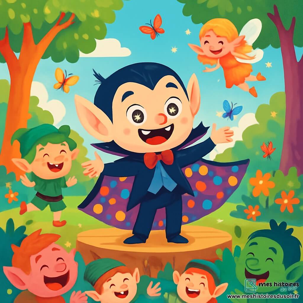 Victor, le vampire rigolo, est un jeune vampire aux grandes oreilles pointues et aux yeux brillants. Il porte une cape colorée à pois et affiche un large sourire avec ses petites dents blanches, prêt à raconter une blague sur scène. À ses côtés, Léon, un lutin farceur aux cheveux verts, saute de joie et rit. Une fée espiègle vole autour de lui, ses ailes scintillantes et ses cheveux dorés flottant. La scène se déroule dans une clairière magique, entourée d'arbres colorés et de fleurs lumineuses, avec des papillons multicolores. La foule de créatures enchantées, composée de trolls et de lutins, attend avec impatience, riant et applaudissant dans une ambiance festive.