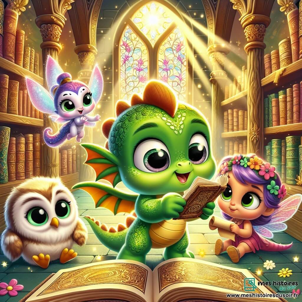 Tilo, un petit dragon vert aux écailles brillantes et aux yeux pétillants, est au centre de l'image, exprimant excitation et curiosité, feuilletant un vieux livre dans une bibliothèque magique. À ses côtés, Pixie, une fée aux cheveux colorés et aux ailes scintillantes, sourit malicieusement avec une carte enroulée dans les mains. Gigi, un hibou sage aux plumes douces et lunettes rondes, observe attentivement le livre, mêlant curiosité et sagesse. La bibliothèque, enchanteuse, est remplie de livres aux couvertures dorées, illuminée par des lumières flottantes et des fleurs colorées. Tilo découvre une carte ancienne, entouré de ses amis, tous captivés par le mystère qui les attend, dans une atmosphère magique et aventureuse.