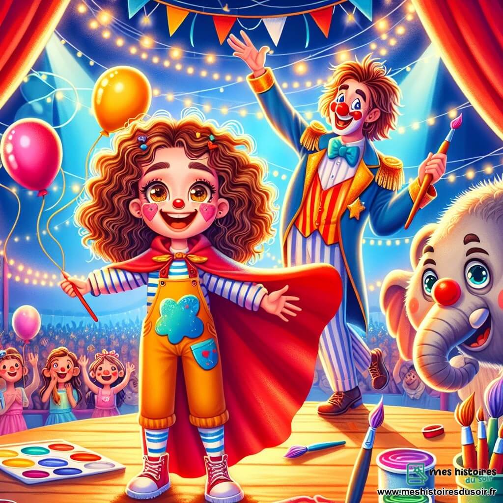 Une petite fille de 8 ans, Emma, aux cheveux châtains bouclés et aux yeux pétillants, se tient au centre de la scène, souriante, avec des joues rosies par l'excitation. Elle porte une cape rouge brillante et un tablier de peintre, tenant un pinceau d'une main et un bouquet de ballons colorés de l'autre. À ses côtés, un clown nommé Biscotto, d'environ 30 ans, jongle avec des ballons, riant espièglement. En arrière-plan, un éléphant nommé Trompette essaie d'attraper un pinceau avec sa trompe, ajoutant de la couleur à un grand tableau. Le décor est un chapiteau de cirque vibrant, avec des rayures rouges et blanches et des spectateurs émerveillés applaudissant. La scène dégage une atmosphère de joie et de magie, où l’amitié et la créativité se mélangent dans un spectacle enchanteur.