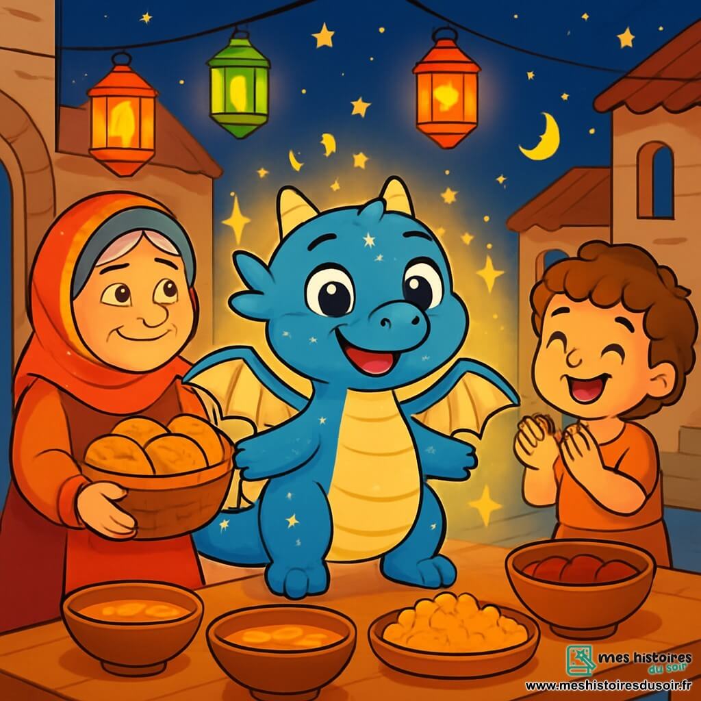 Un petit dragon bleu aux écailles scintillantes et aux grands yeux joyeux se tient au centre de la scène, souriant avec fierté. Il déploie ses ailes délicates sous une lumière dorée. À sa droite, une vieille dame au visage ridé et bienveillant, portant un foulard coloré et une robe traditionnelle, sourit en tenant un panier de pains chauds. À sa gauche, un petit garçon aux cheveux bouclés et aux yeux rieurs applaudit, ses joues rosies par l'excitation. La scène se déroule dans une rue animée ornée de lanternes colorées, illuminant la nuit étoilée. Des tables sont dressées avec des plats colorés, créant une atmosphère festive. Le dragon bleu, entouré de ses amis, partage des mets délicieux et rayonne de bonheur, tandis que les voisins se rassemblent autour de lui pour célébrer la magie du Ramadan.