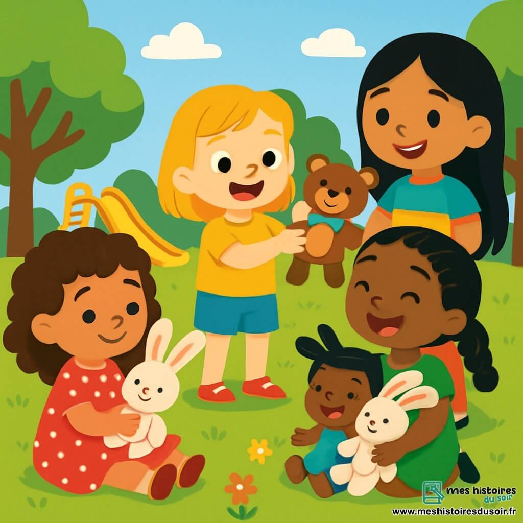 Quatre enfants jouent dans un parc verdoyant. Lila, 6 ans, a des cheveux bruns bouclés et porte une robe rouge à pois blancs. Zoé, 5 ans, a des cheveux blonds lisses, un t-shirt jaune et un short bleu. Aïcha, 6 ans, a des cheveux noirs tressés et une robe verte. Emi, 7 ans, a des cheveux longs et noirs et porte une tunique colorée. Elles rient, échangent leurs peluches, et illustrent la joie de l'amitié et de la diversité sous un ciel bleu clair avec des nuages blancs.