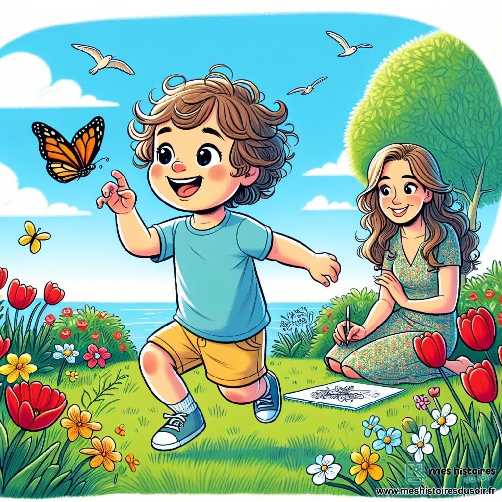 Un petit garçon de 2 ans, Léo, avec des cheveux bouclés et des yeux pétillants, sourit en courant après un papillon coloré dans un jardin fleuri. Il porte un t-shirt bleu et un short jaune, les mains tendues vers le papillon. Sa maman, une femme d'environ 30 ans avec de longs cheveux bruns, est assise sur l'herbe, dessinant des fleurs sur une feuille. Elle porte une robe légère à fleurs et regarde Léo avec tendresse. Le jardin est rempli de tulipes rouges et de jonquilles jaunes sous un ciel bleu clair. Léo rit et court après le papillon, tandis que sa maman l'encourage à explorer la beauté du printemps.