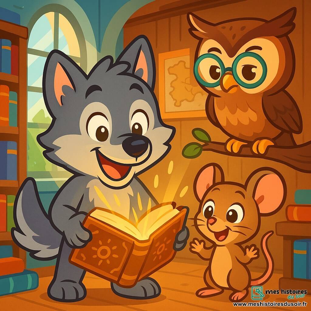 Au centre, un loup nommé Loulou, avec un pelage gris et des yeux curieux, se tient sur ses pattes arrière, tenant un livre ancien. Son expression est excitée et déterminée. À côté de lui, Lila la souris, mignonne avec un pelage brun clair, regarde le livre avec émerveillement. Benny le hibou, perché au-dessus, porte des lunettes et a un regard sage, pensant à la prochaine énigme. Le décor est une bibliothèque enchantée, remplie de livres colorés et de cartes anciennes, avec une lumière magique filtrant à travers de grandes fenêtres. Loulou découvre un livre mystérieux qui brille, entouré de ses amis impatients de résoudre le mystère.