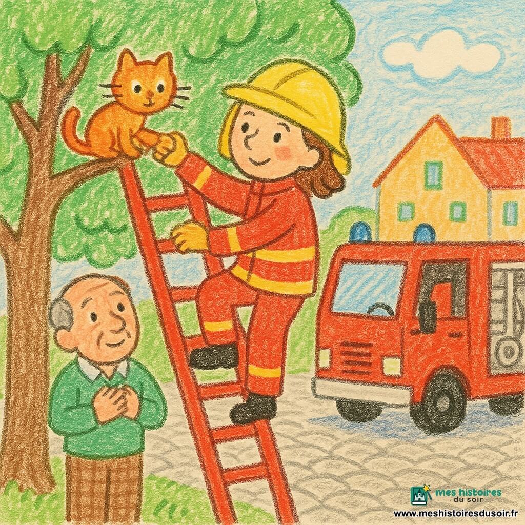 Une femme pompier souriante et déterminée, veste rouge et casque jaune, monte une grande échelle pour saisir un chaton orange rayé coincé dans un arbre; Monsieur Paul, homme d’environ 70 ans aux cheveux gris, en bas, ému et soulagé, la regarde, tandis qu’un camion de pompier rouge est stationné sur la rue pavée d’un village sous un ciel clair, ambiance chaleureuse.