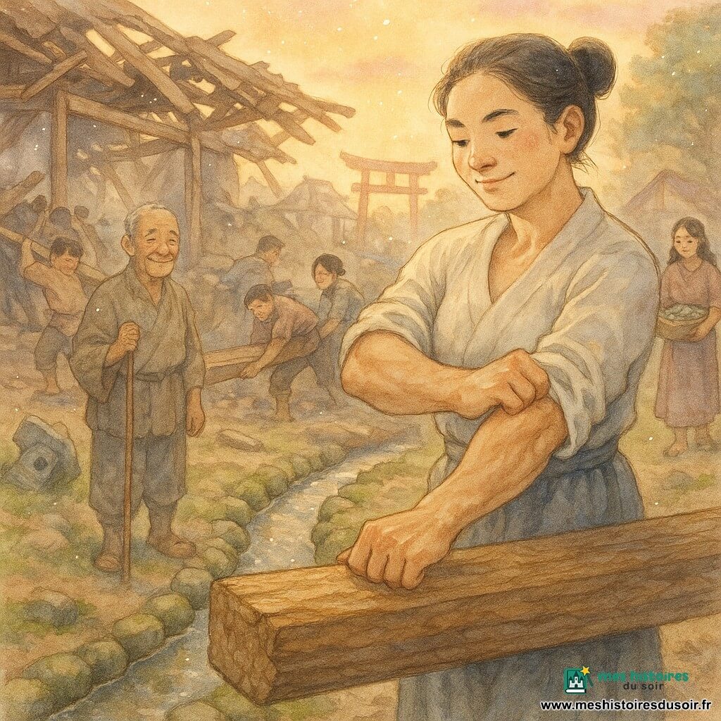 Aiko, femme adulte aux mains fortes et chignon, sourit légèrement en posant une grosse poutre de cèdre, manches retroussées et posture stable ; à sa gauche, Kenji, vieil homme ridé avec un bâton, l’observe et approuve ; à l’arrière-plan droit, Hana, trentenaire aux cheveux lâchés, tient un panier de galets et aide à placer des pierres ; à l’arrière-plan gauche, Taro, jeune homme de 18 ans, pousse une poutre avec d’autres villageois. Le village japonais, cour en terre après un séisme, montre une maison partiellement démontée aux piliers apparents, tuiles dispersées, torii rouge et lanterne de pierre renversée, ruisseau bordé de mousse et galets au premier plan. Scène collective de reconstruction au crépuscule, lumière dorée, luciole près d’Aiko, eau détournée dans un petit canal de pierres, textures de bois fendu, écorce de cèdre humide, poussière légère et tissus froissés.