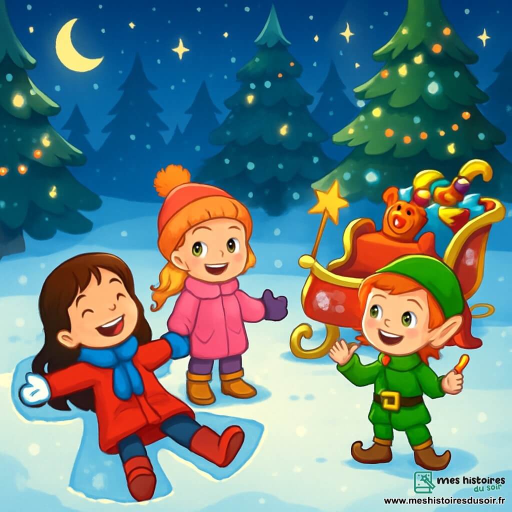 Trois personnages sont présents : Léa, une petite fille de 6 ans aux longs cheveux bruns, portant un manteau rouge, allongée dans la neige en train de faire un ange ; Emma, également âgée de 6 ans, avec des cheveux blonds en tresse et un manteau rose, souriante à côté de Léa, prête à faire son propre ange ; et Nico, un lutin joyeux aux cheveux roux, en manteau vert, qui les invite à monter dans son traîneau magique. L'action se déroule dans une clairière enchantée, illuminée par les étoiles, avec de la neige scintillante et des sapins décorés. Léa et Emma jouent dans la neige, riant et s'amusant.