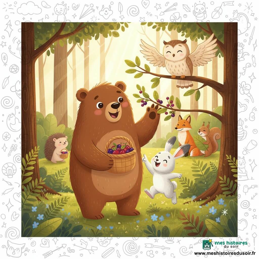 Brunette, grand ours brun au pelage doux, souriant et tenant un panier de baies rouges et violettes, est rejoint par Petit Trompette, petit lapin blanc aux longues oreilles tachetées de gris qui pointe une branche, tandis qu’un hibou crème tacheté observe depuis une branche; en arrière-plan un hérisson, une renarde et un écureuil dans une clairière ensoleillée de forêt enchantée aux arbres texturés, fougères, mousse et petites fleurs bleues; tous récoltent ensemble des baies juteuses, le panier débordant, ambiance chaleureuse et coopérative.