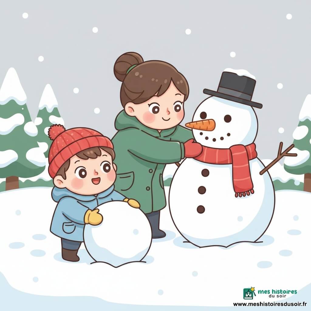 Un petit garçon de 2 ans joyeux et joufflu, bonnet rouge, manteau bleu clair et gants jaunes, roule une grosse boule de neige pendant qu’une maman d’environ 30 ans, souriante, cheveux bruns en chignon et manteau vert sapin, lui pose une carotte comme nez sur un grand bonhomme de neige blanc, rond, chapeau noir, yeux de charbon et écharpe rouge, le tout dans un jardin enneigé aux sapins poudrés, ciel gris pâle, empreintes de pas, style graphique aux formes arrondies, couleurs douces et contours fins.