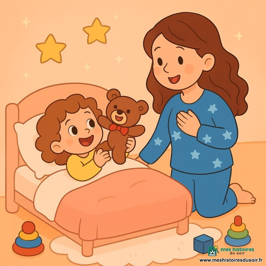 Une petite fille de 2 ans, avec de grands yeux pétillants et des cheveux bouclés, est allongée sur son lit, souriante, tenant un doudou en peluche, un ours brun avec un nœud rouge. Sa maman, une femme douce d'environ 30 ans, se tient à côté du lit, chantant une berceuse. Elle porte un pyjama bleu avec des étoiles blanches. La chambre est chaleureuse, avec des murs pastel, des étoiles au plafond, et un tapis en forme de nuage. Des jouets colorés sont éparpillés, ajoutant de la magie à l'atmosphère. La petite fille et son doudou s'amusent à faire des chatouilles avant de s'endormir, créant une ambiance joyeuse et tendre.