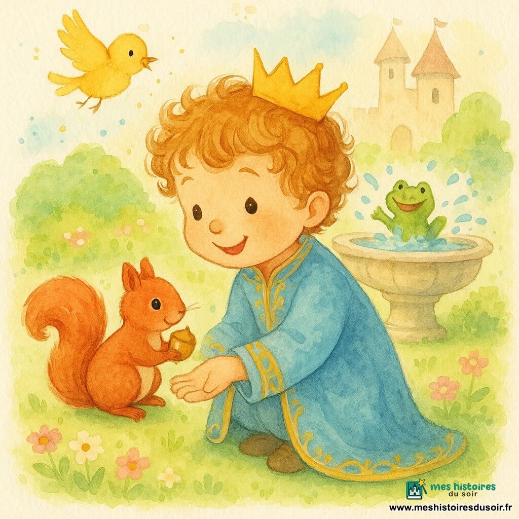 Un petit prince garçon souriant et rêveur aux cheveux châtain clair bouclés, portant une couronne d’or simple et une robe de velours bleu clair brodée de doré, est accroupi et tend la main ; un écureuil roux pelucheux aux yeux noirs tient une noisette dorée sur la paume près de sa main droite ; une petite grenouille verte ronde saute dans une fontaine en pierre juste derrière en éclaboussant ; un oiseau jaune poussin vole au‑dessus ailes déployées en laissant de petites gouttes aquarelle ; le tout dans un jardin de château ensoleillé à l’herbe vert tendre, fleurs roses et blanches et buissons taillés, ambiance tendre et calme, lumières douces et couleurs pastel à textures aquarelle.
