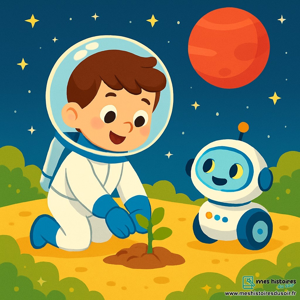 Un jeune homme nommé Léo, avec des cheveux bruns et des yeux pétillants, porte une combinaison spatiale brillante. Il sourit émerveillé sur une planète dorée, entouré de champs de mousse scintillante. À ses côtés, un petit robot rond nommé Bip roule joyeusement. Le ciel est bleu, parsemé d'étoiles et d'une grande planète rouge. Léo plante un petit arbre, ses mains touchant la terre dorée, tandis que les champs de mousse ondulent sous un léger vent, créant un paysage magique.