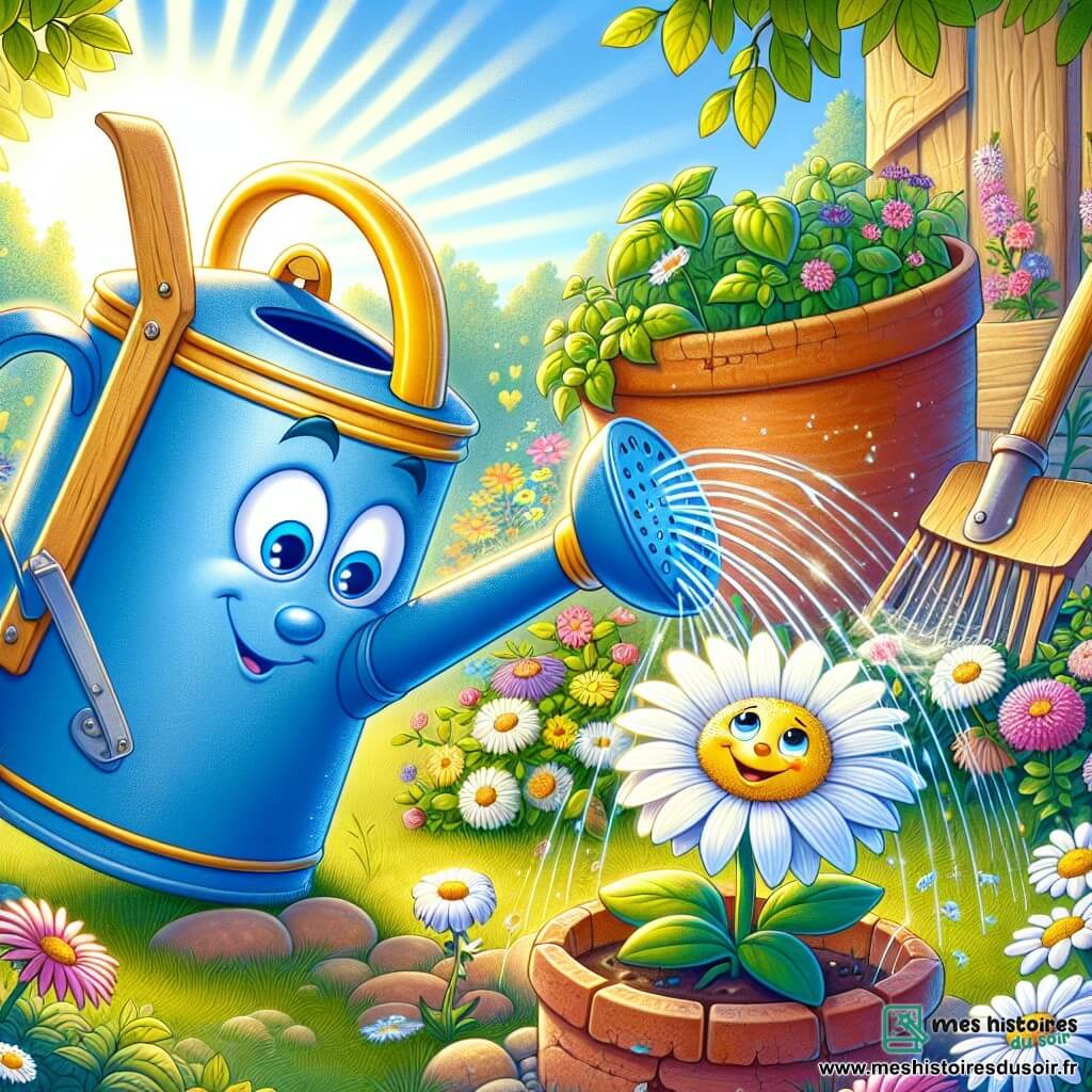 Un jeune arrosoir bleu vif avec une poignée jaune, nommé Albin, arrose une marguerite dans un jardin en pleine floraison. À ses côtés, une marguerite souriante lève ses pétales vers le ciel, reconnaissante pour l'eau. En arrière-plan, un vieux râteau en bois et une pelle en terre cuite, ornée de jeunes pousses de basilic, observent la scène. Le jardin est rempli de fleurs colorées, de verdure éclatante et de rayons de soleil. Albin et ses amis du jardin célèbrent la beauté du printemps.