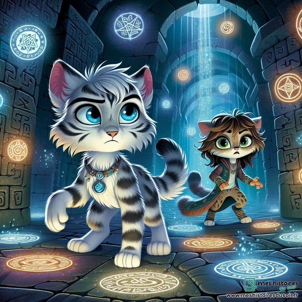 Un jeune félin aux yeux bleus et au pelage argenté se tient au centre d'un labyrinthe mystérieux, affichant détermination et courage. Il se faufile agilement entre des symboles magiques et des lumières dansantes. À sa droite, une chatte ébouriffée, avec un regard inquiet, utilise un sort de camouflage pour se fondre dans les ombres, prête à le soutenir. Le labyrinthe ancien est fait de murs en pierre recouverts de runes scintillantes, illuminé par des éclats de lumière magique. Ensemble, ils avancent prudemment, cherchant à résoudre des énigmes et à surmonter des obstacles, déterminés à prouver leur valeur et à sauver leur monde.