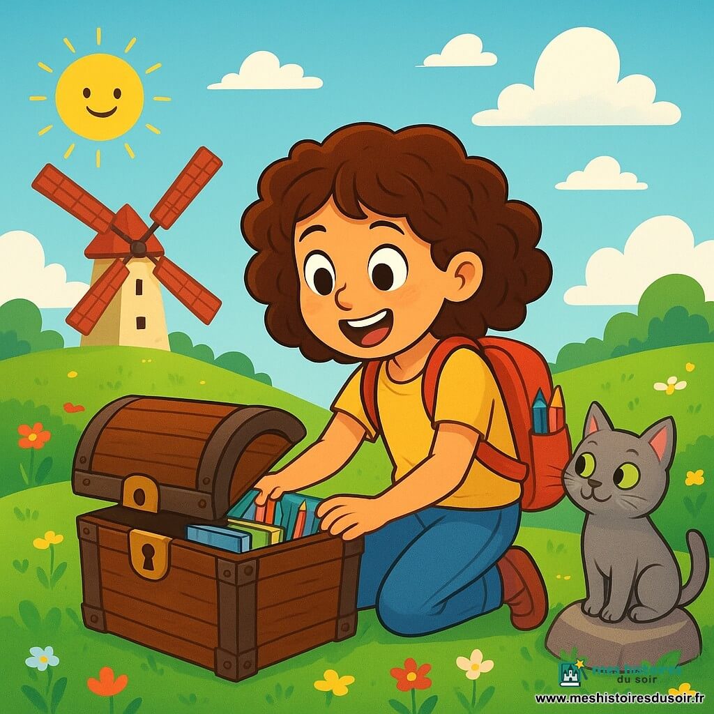 Une fille de 8 ans, Lina, aux cheveux châtains bouclés et aux yeux curieux, est accroupie devant un coffre en bois ancien, le visage illuminé par l'excitation. Elle porte un petit sac à dos rouge rempli de crayons et de carnets, ses mains posées sur le coffre comme si elle allait l'ouvrir. À côté d'elle, un chat gris aux yeux verts observe la scène avec malice, assis sur une pierre. Le lieu est une colline verdoyante parsemée de fleurs sauvages, avec un moulin à ailes rouges en arrière-plan. Le ciel est bleu avec des nuages blancs, et le soleil brille, créant une ambiance joyeuse. Lina découvre un trésor caché, un coffre rempli de fournitures artistiques, symbolisant la créativité et le partage, tandis que le chat l'encourage.
