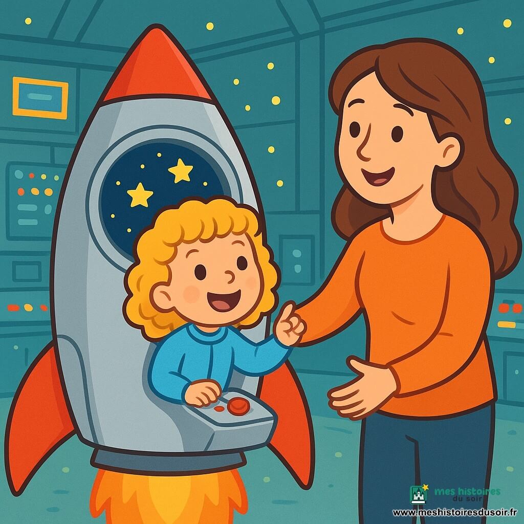 Zoé, une petite fille aux cheveux bouclés et dorés, porte une combinaison bleue brillante. Avec des yeux pétillants de curiosité et un grand sourire, elle est assise dans sa fusée argentée, prête à décoller. Sa maman, aux cheveux châtains et longs, la regarde avec tendresse, les bras ouverts pour lui faire un câlin. La fusée est dans un hangar spacieux, rempli de lumières scintillantes et de panneaux de contrôle colorés, avec des étoiles brillantes à travers le hublot. Zoé, excitée et impatiente, est prête à appuyer sur le bouton de lancement, tandis que sa maman lui fait un signe d'encouragement, entourée de l'éclat des étoiles et du doux bourdonnement de la fusée.