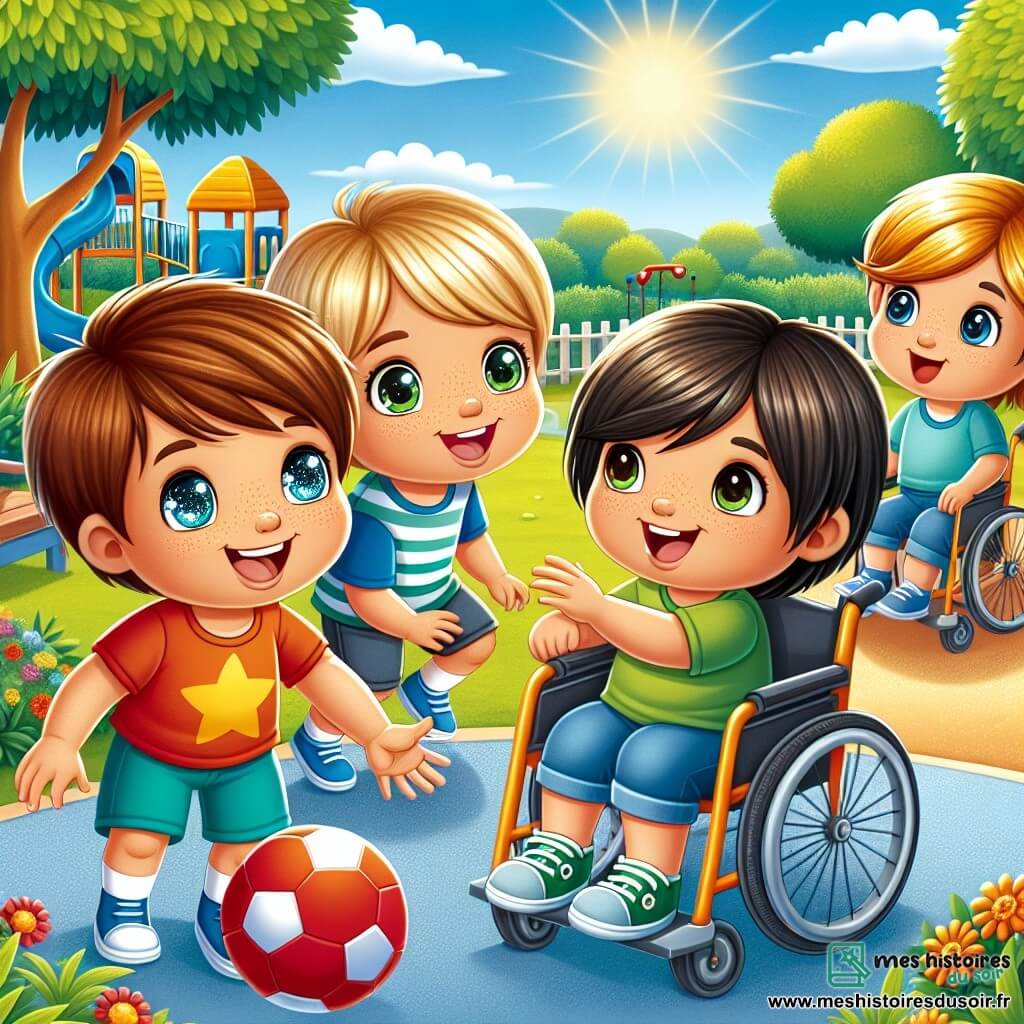 Dans un parc ensoleillé, quatre garçons de trois ans jouent ensemble. Maxime dribble un ballon rouge avec enthousiasme, tandis que Lucas se prépare à le lancer vers Léo, qui est assis dans son fauteuil roulant et rit joyeusement. Hugo les observe avec admiration. Le parc, verdoyant et coloré, contient un toboggan et des balançoires au loin. Les amis s'amusent, illustrant que l'amitié et la tolérance transcendent les différences, prouvant que chacun a sa place dans le jeu, peu importe les capacités.