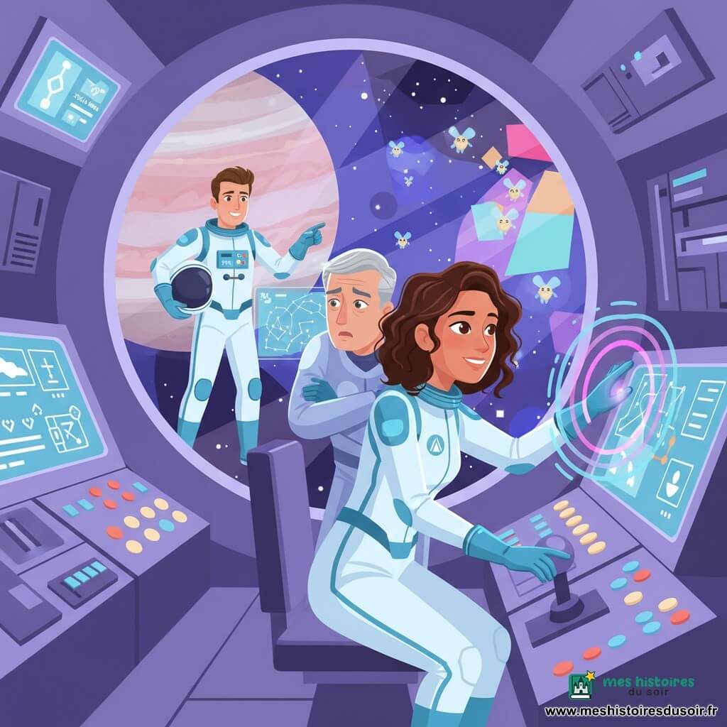 Alia, pilote d’environ 25 ans, cheveux bruns bouclés et regard déterminé, porte une combinaison spatiale blanche et bleue; elle a une main sur le levier et l’autre sur un écran tactile du cockpit. Théo, homme d’environ 55 ans aux cheveux gris, regard rassurant mais concentré, se tient derrière elle, bras croisés, consultant des écrans; un astronaute d’environ 30 ans apparaît par une baie latérale, casque sous le bras, montrant du doigt une carte holographique. Le cockpit spacieux et lumineux du vaisseau Stella Nova présente panneaux plats, écrans rectangulaires et une grande baie vitrée donnant sur Jupiter et un portail dimensionnel coloré d’où flottent des petites créatures lumineuses; Alia active un résonateur quantique émettant des ondes concentriques colorées pendant que Théo observe anxieux mais confiant et l’astronaute sourit soulagé. Palette vive et douce (bleus, violets, roses néon, argent), contrastes nets, ombres minimales, formes simples pour un rendu enfantin et engageant.