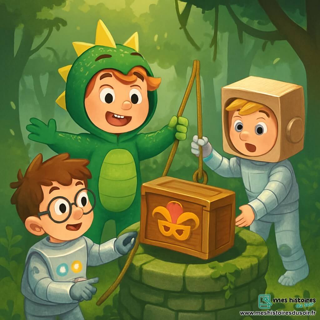 Il y a trois personnages : Maxime, un garçon de 9 ans avec des cheveux roux et bouclés, portant un costume de dragon vert scintillant, qui se tient au centre avec un grand sourire ; Léo, un garçon de 8 ans avec des lunettes de travers et des cheveux bruns, vêtu d'un costume de robot argenté avec des lumières clignotantes, légèrement en retrait en montrant ses lumières à Lucas ; et Lucas, un garçon de 9 ans aux cheveux blonds, portant un costume d'astronaute en papier brillant avec un casque en carton, à droite, les yeux écarquillés d'émerveillement en regardant le char décoré. La scène se déroule sur la grande place du village de Pommeville, ornée de guirlandes colorées et de chars de carnaval brillants, tandis que des enfants dansent en costumes éclatants sous une pluie de confettis. Les trois amis découvrent un vieux puits de pierre, recouvert de lianes et de mousses, au milieu de la forêt, tirant une boîte en bois ornée de motifs de carnaval, prêts à révéler le trésor caché à l'intérieur.