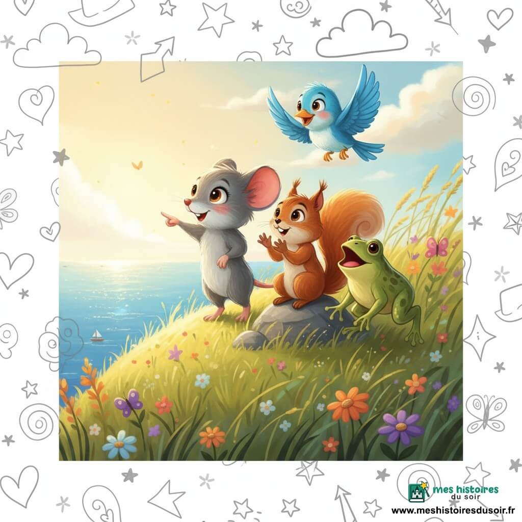 Lucie, petite souris au pelage gris soyeux et sourire émerveillé, pointe l'horizon depuis le sommet d'une colline baignée de lumière dorée ; Simon, écureuil à la queue rousse, applaudit sur un rocher à ses côtés, Clara, grenouille verte, chante sur une touffe d'herbe, et Milo, oiseau aux plumes bleues, vole au-dessus d'eux ; herbes ondulantes, fleurs et papillons encadrent la scène tandis qu'en contrebas l'océan scintille, l'atmosphère douce et pastel souligne courage et joie centrés sur Lucie.