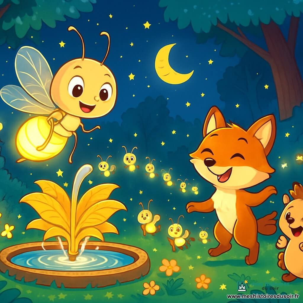 Une petite luciole nommée Luma, avec un corps translucide et brillant, vole joyeusement autour d'une fontaine de feuilles dorées dans une clairière enchantée. Un groupe de lucioles scintillantes s'aligne en file indienne, créant un chemin lumineux. Un renard aux pelages roux danse avec entrain, tandis qu'un hérisson applaudit joyeusement. La clairière, entourée d'arbres majestueux, est recouverte de mousse verte et de petites fleurs lumineuses. Luma et ses amis célèbrent le Nouvel An en dansant et chantant sous un ciel étoilé, créant une ambiance festive et magique.